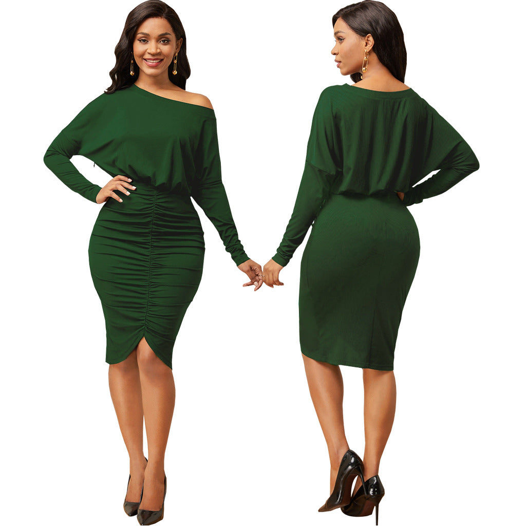 Sexy Fashion Solid Color Slash Shoulder Wrinkled Women's Dress 8