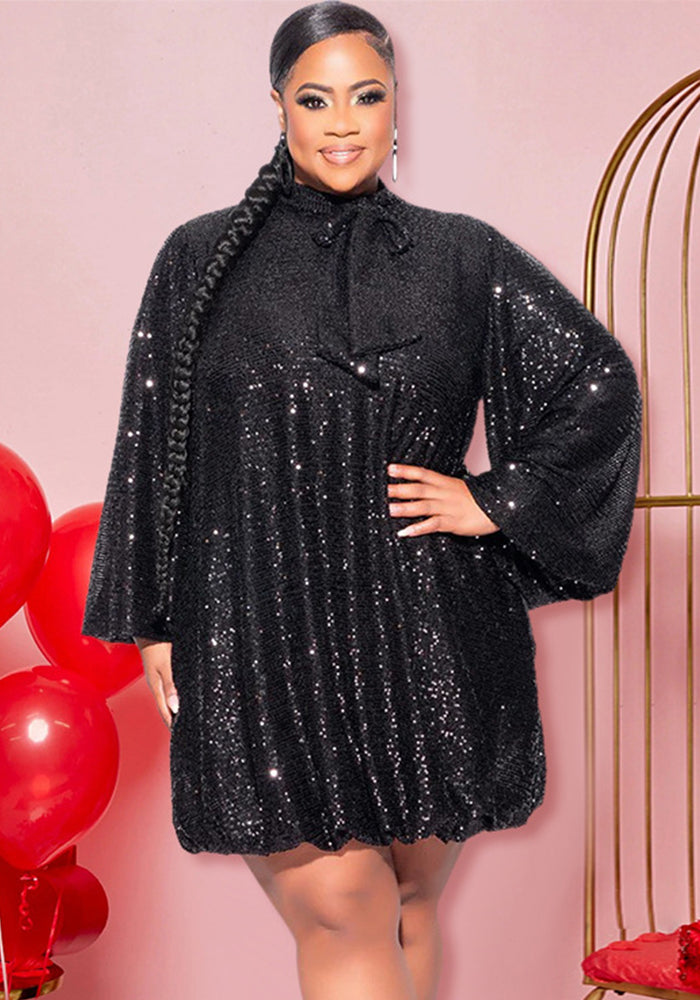 Loose Sequins Long-Sleeved Short Dress Women's Party Wear