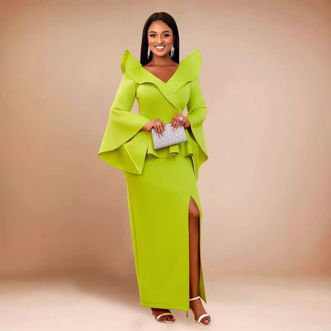 Women Ruffle Formal Party Bell Bottom Sleeve Dress 5