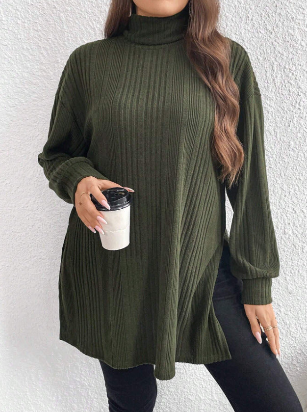 Plus Size Women High Neck Slit Knitting T-Shirt 8