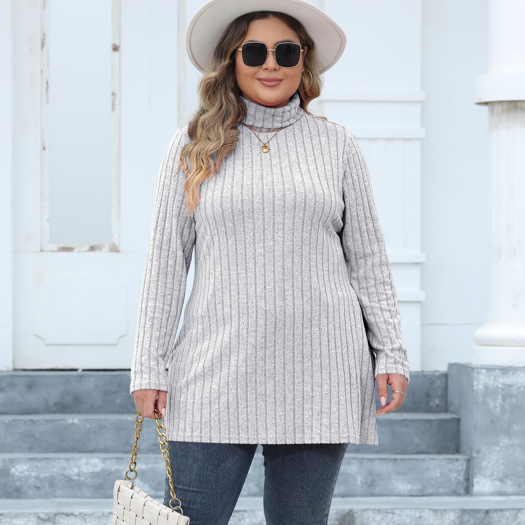 Women's Tops Plus Size Women's Turtleneck Slim Fit Basic Shirt Ribbed Slit Midi T-Shirt 6