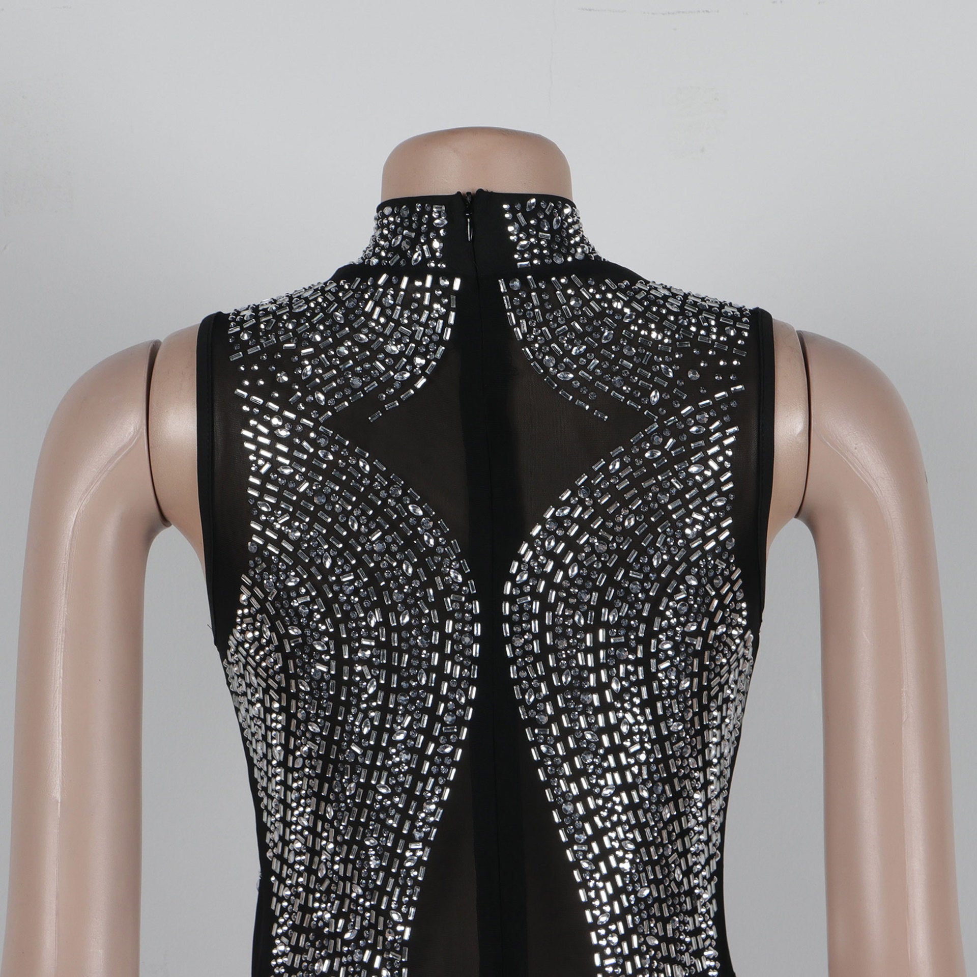 Women Beaded Mesh See-Through Patchwork Sleeveless Slit Dress 19