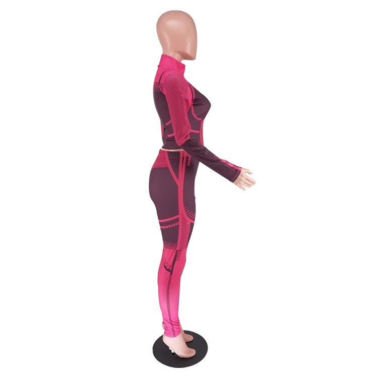 Women's Autumn And Winter Irregular Printed Long Sleeve Tight Fitting Sports Two Piece Pants Set 14