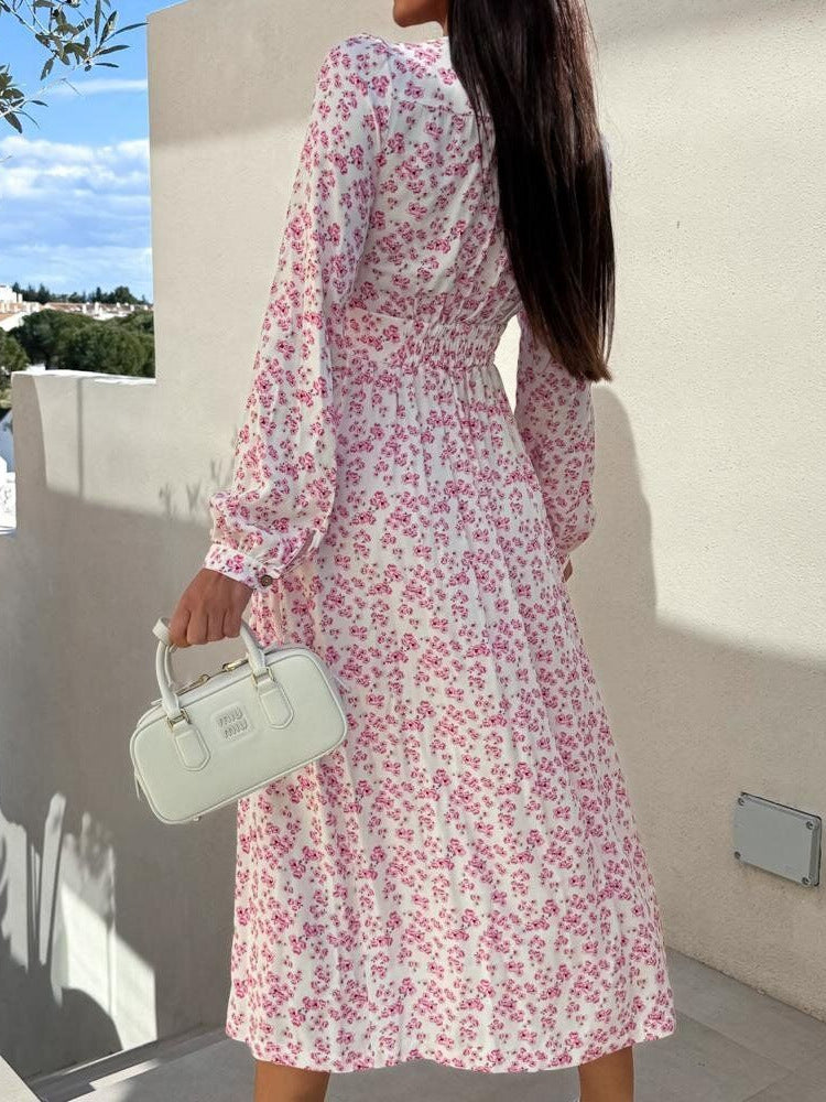Beach Holidays V-Neck Slim Waist Floral Print Spring Long Sleeve Dress 5