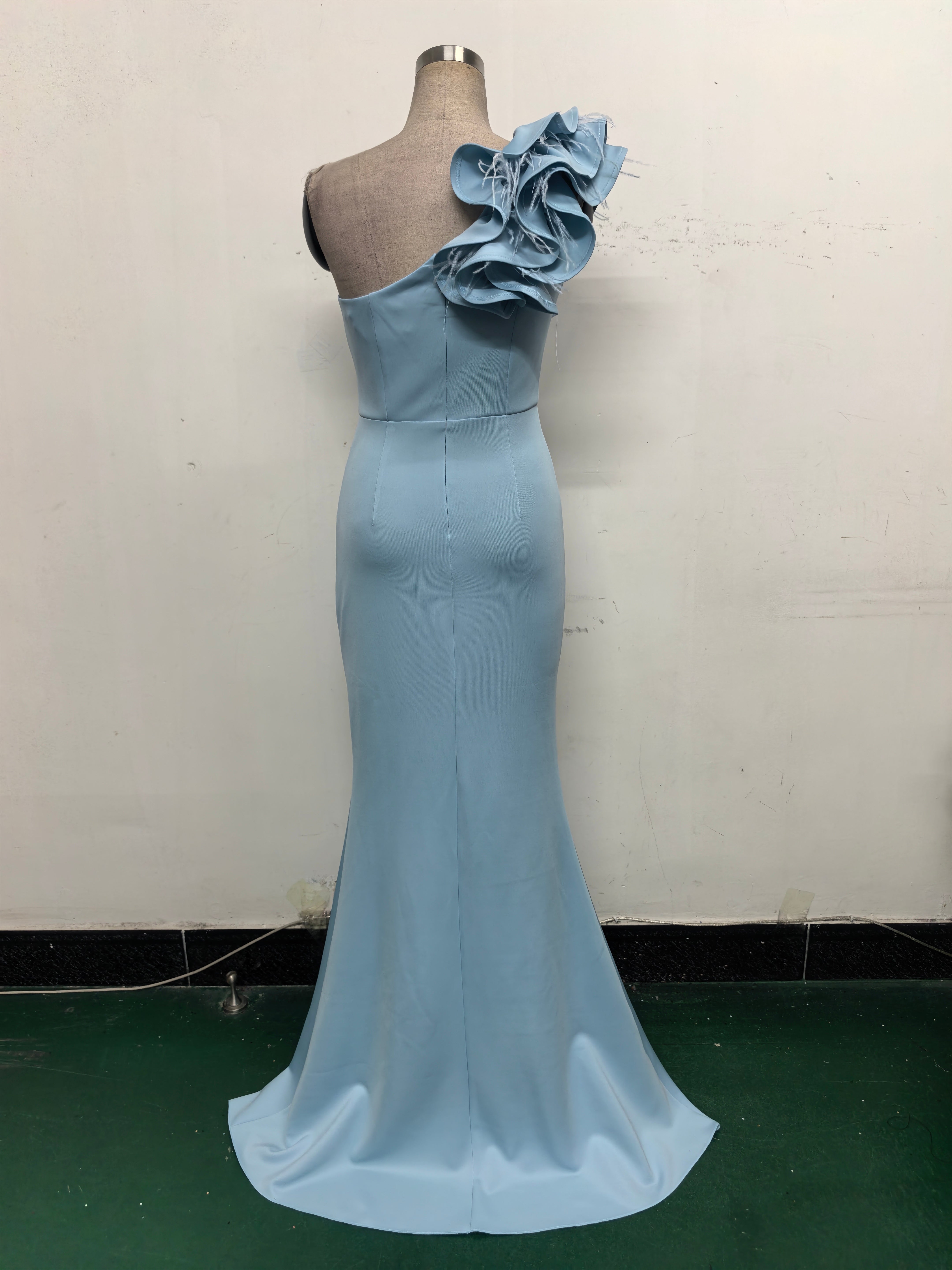 Women One-Shoulder Beaded Wool and Floral Satin Slit Sexy Evening Dress 34