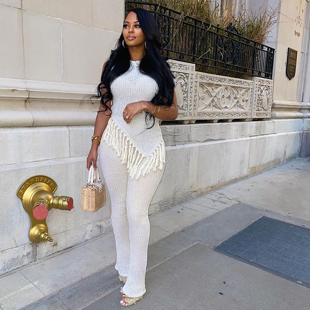Women's Casual Set Irregular Fringe Sleeveless Tank Top High Waist Pants Set 5