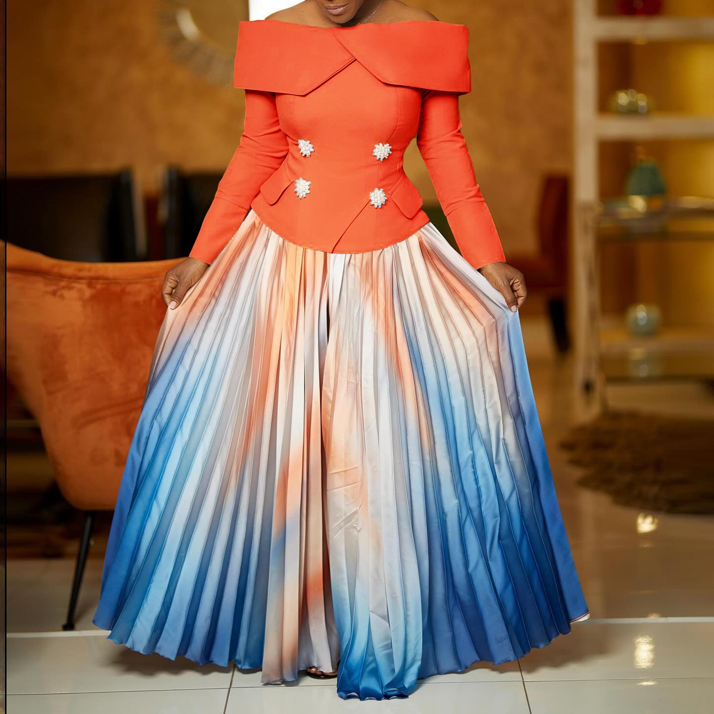 Women Elegant Off Shoulder Top and Print Long Skirt Two-Piece Set 4