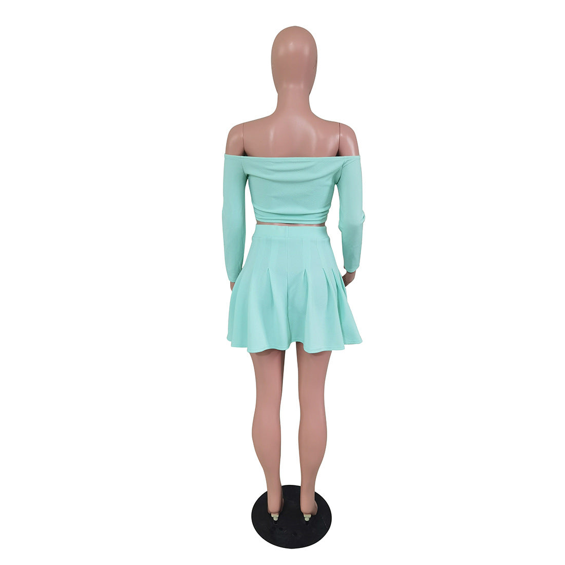 Women's Spring And Summer  Sexy Fashion Solid Color Off Shoulder Long Sleeve Crop Top Pleated Skirt Two-Piece Set 11