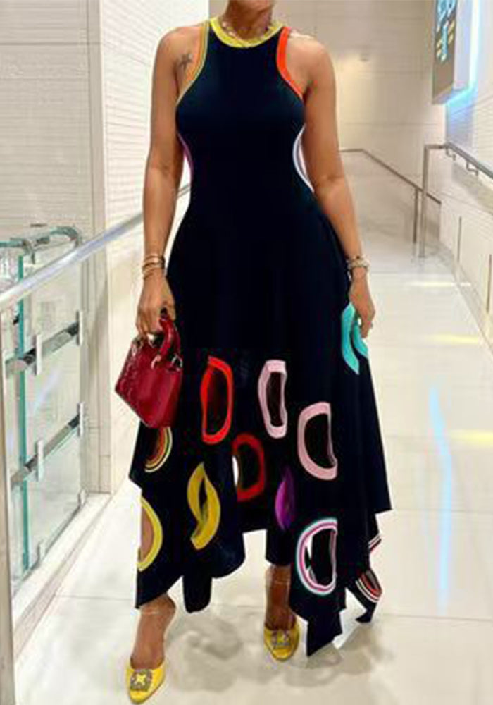 Women Summer Swallowtail Sleeveless Print Hollow Round Neck Dress