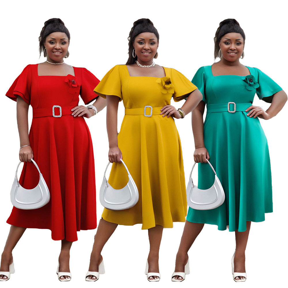 Plus Size Women Square Neck Solid High Waist Dress 11
