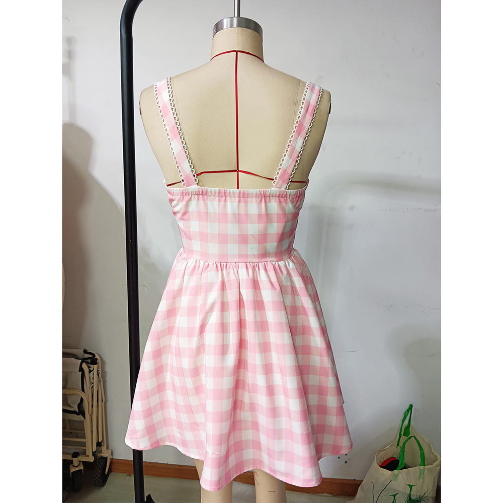 Spring Summer women's fashion sweet plaid sexy Low Back Casual Strap Dress 10