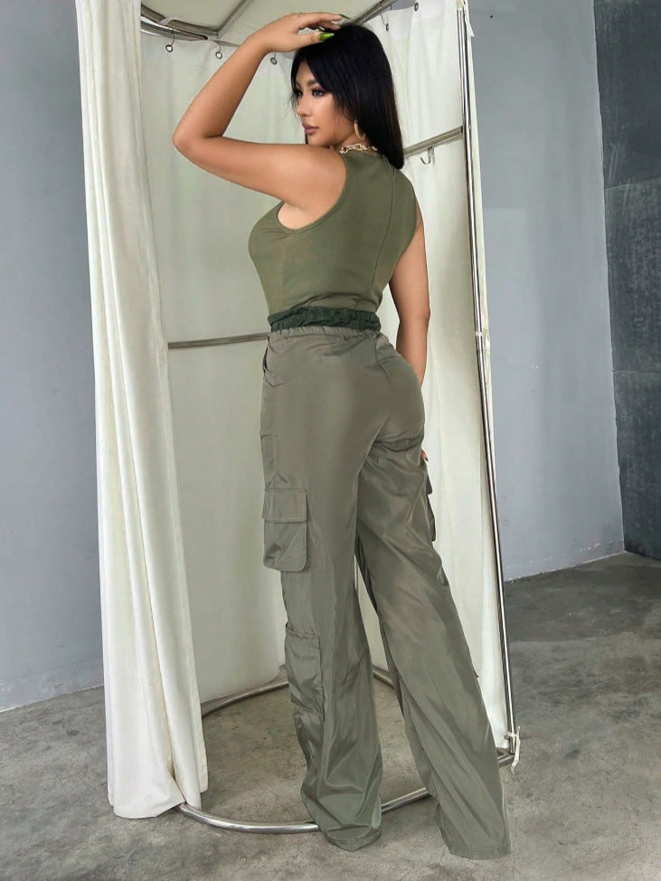 Round Neck Patchwork Drawstring Casual Wide-Leg Fashion Women's Jumpsuit 3