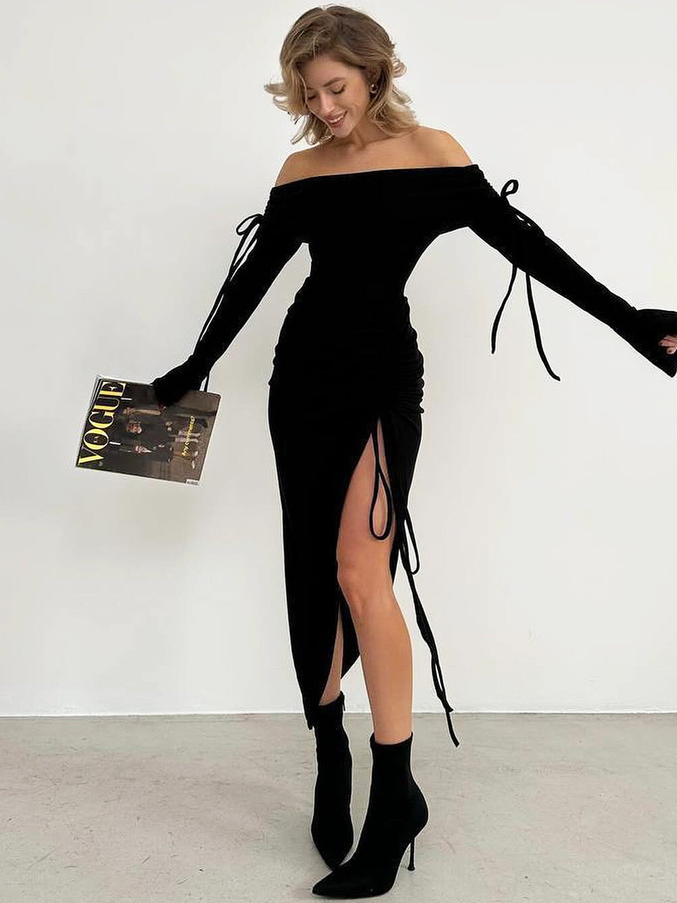 Women Ruffled Autumn Ribbed Sexy Off Shoulder Slit Bell Bottom Sleeve Dress 4