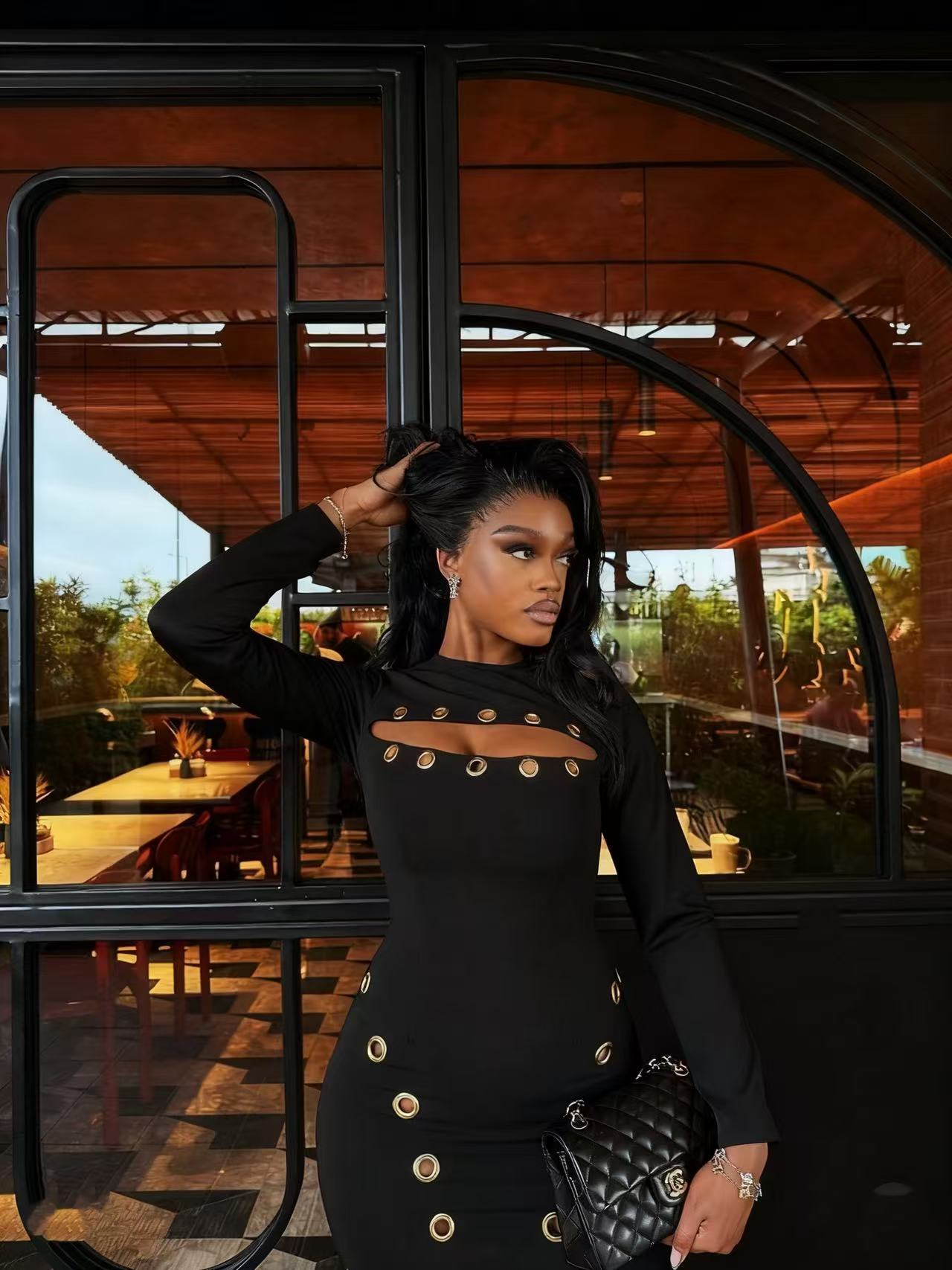 Autumn Winter Fashion Sexy Hollow Out Metal Button Dress 5