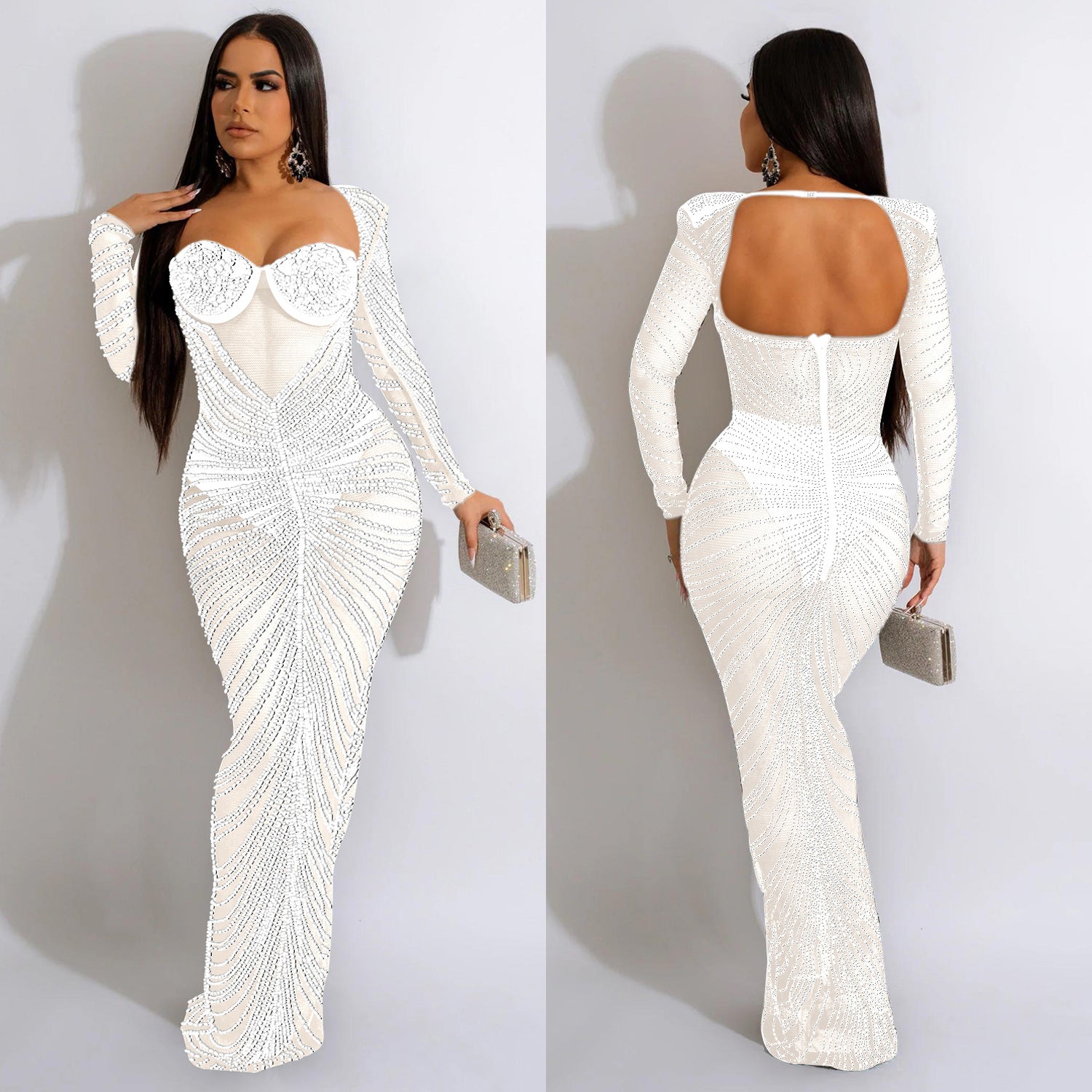 Fashion Women'S Rhinestone Beaded Mesh See-Through Long-Sleeve Backless Evening Party Long Dress 5