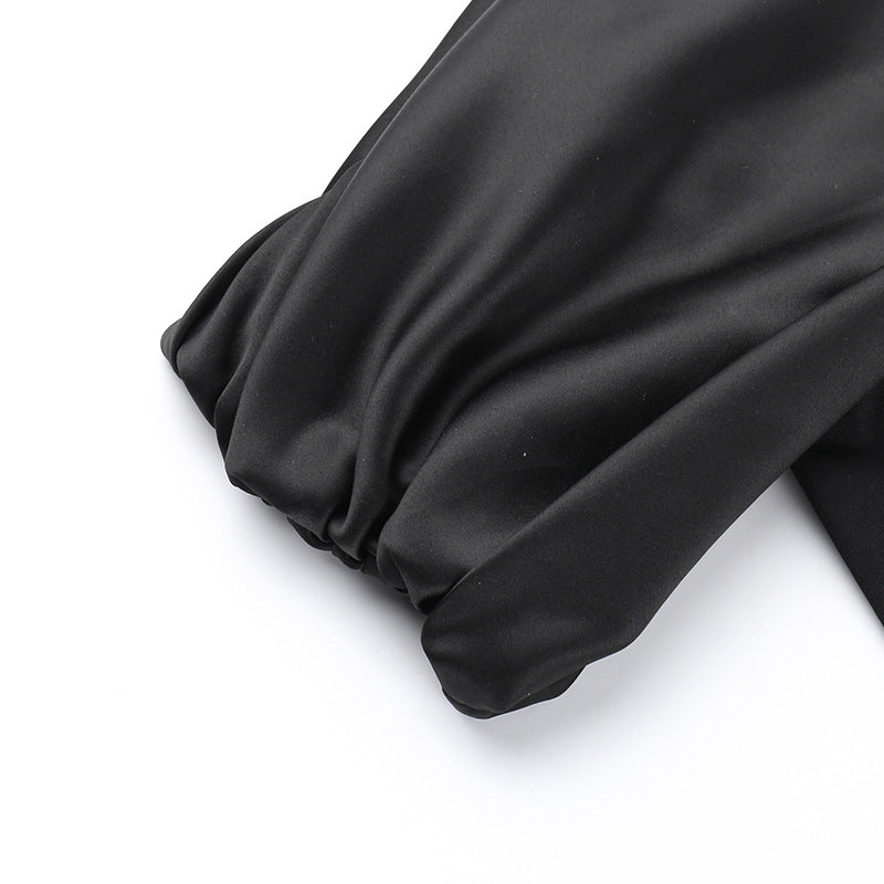 One Shoulder Mesh Ribbon Chic Slim Fit Black Long Dress 7