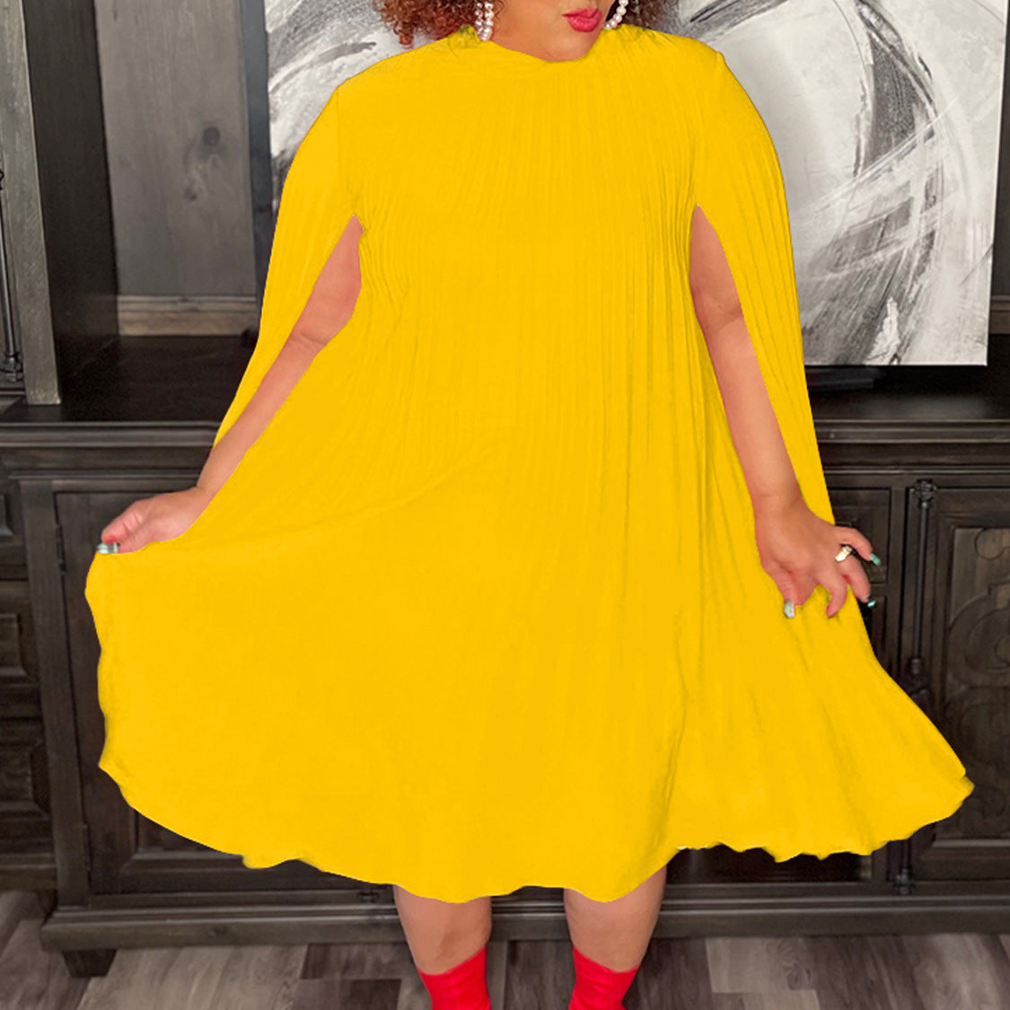 Women's Fashion Chic Elegant Cape Sleeve Loose Pleated Plus Size African Dress 5