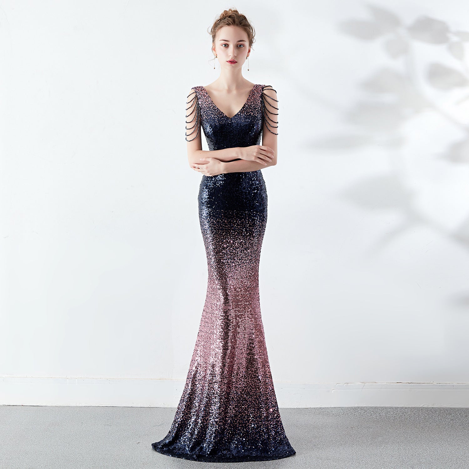 Women Gradient Color Crystal Diamond Chain Sexy Evening Dress 16
