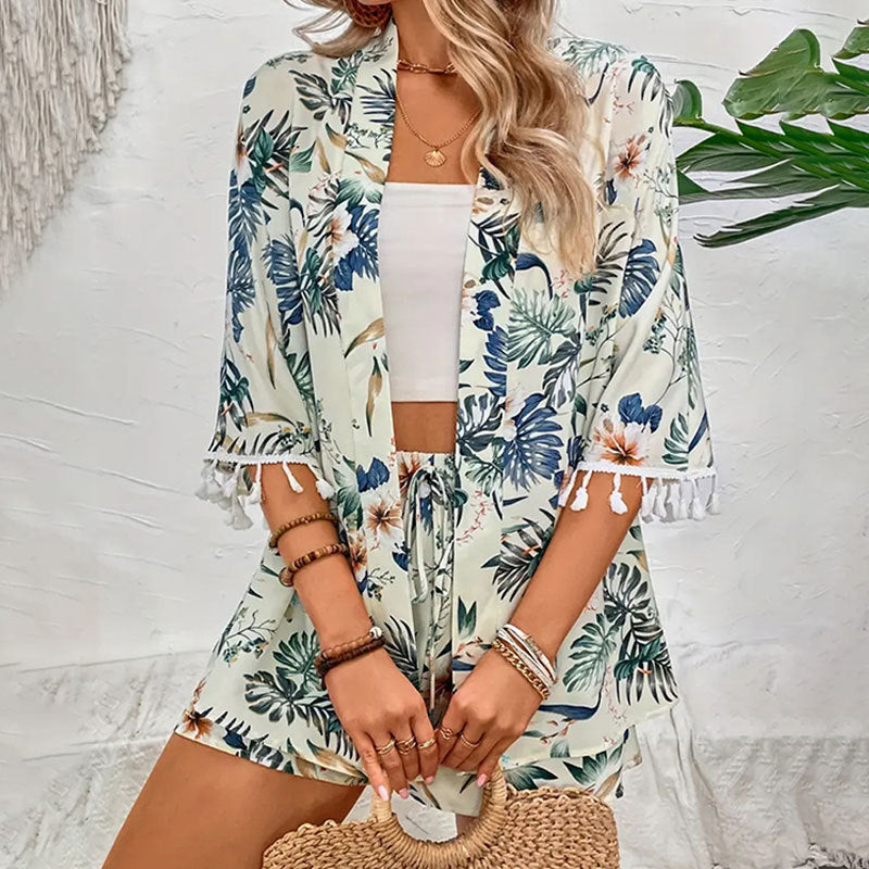 Women Beach Print Tassel Short Sleeve Shirt and Shorts Two Piece Set 8