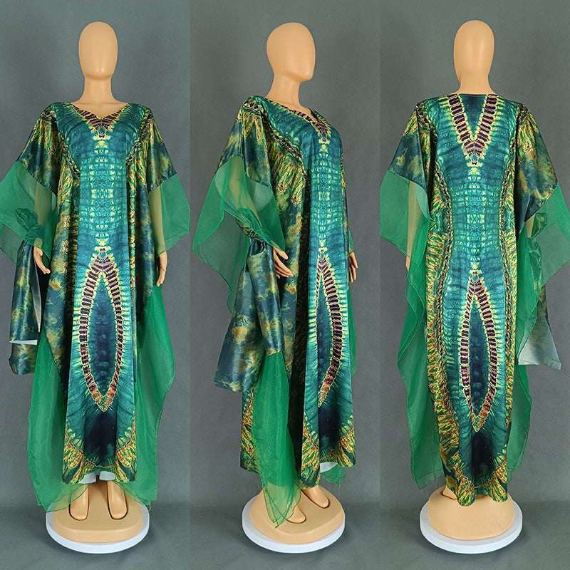 Women's clothing African long robe mesh print dress with headscarf 15