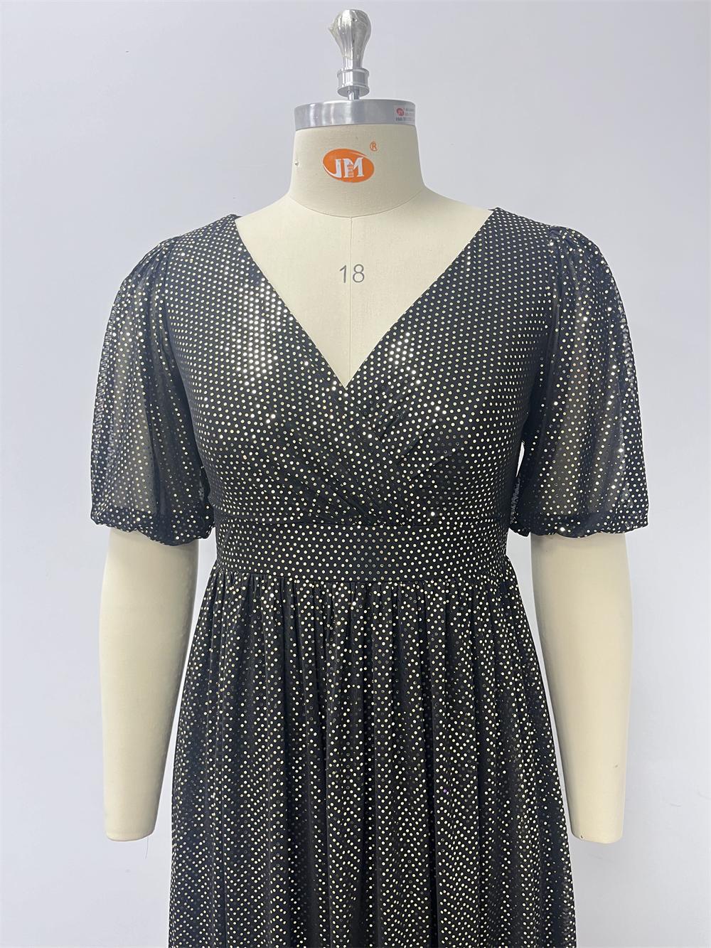 Plus-Size Glitter V-Neck Patchwork Short-Sleeve A-Line Fully Lined Evening Dress 10