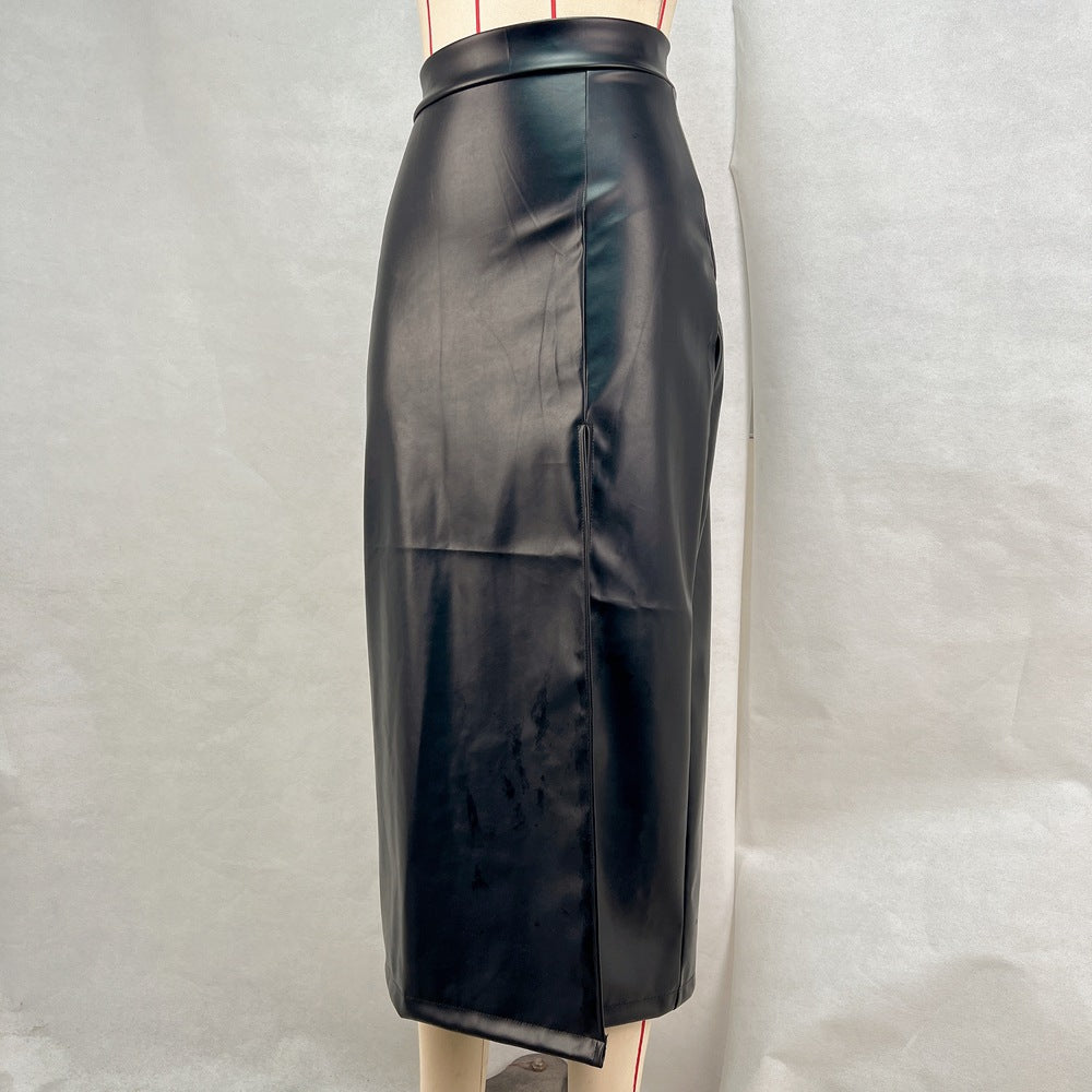 Women's Clothing Solid Color High Waist Slim Slit Leather Skirt 12