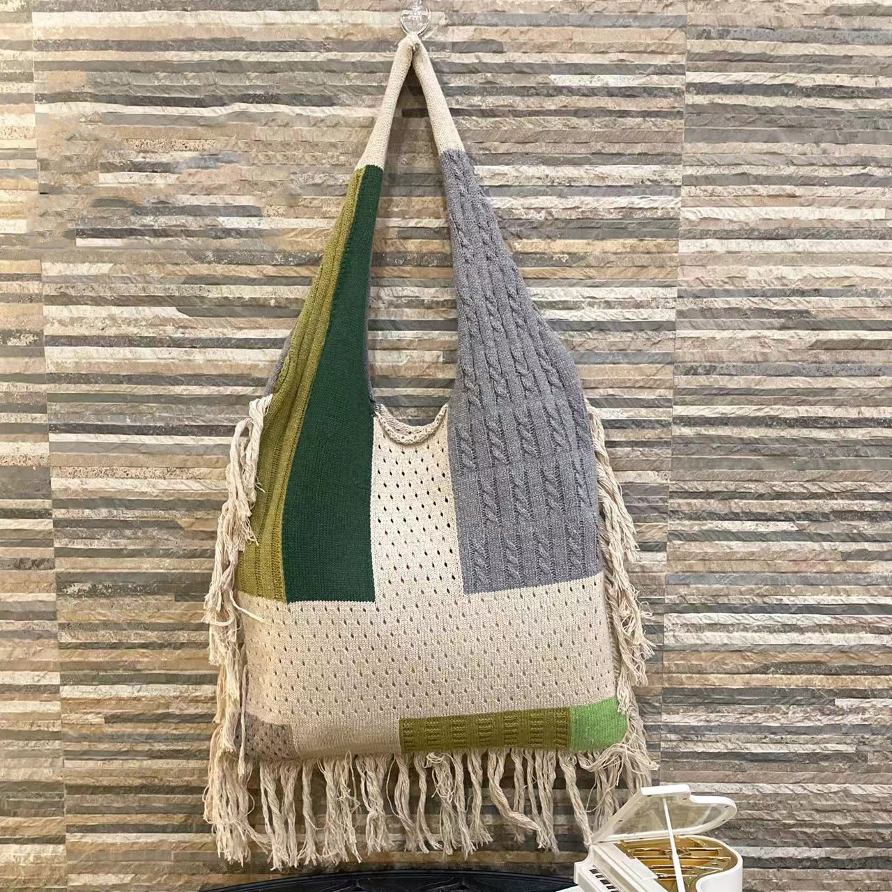 Fringed Women Patchwork Knitting Handbag Single Shoulder Bag Retro Knitting Bag 8
