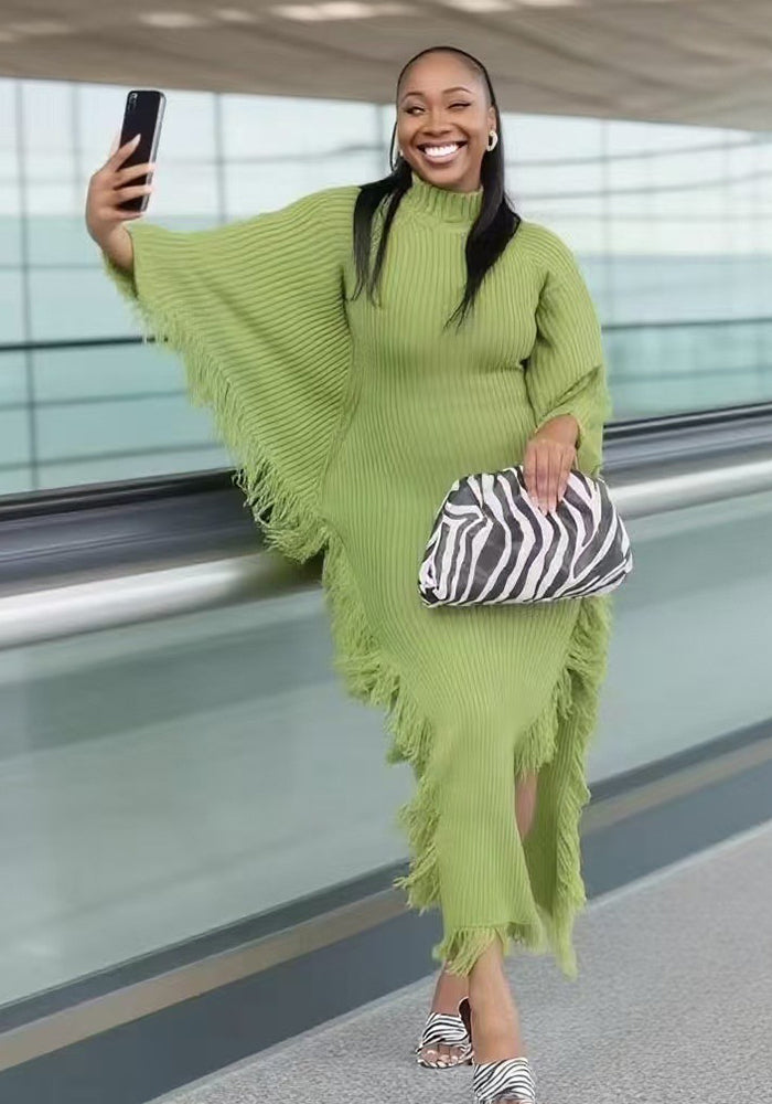Crochet Fringe Solid Color Round Neck Bat Sleeve Long Knit Dress