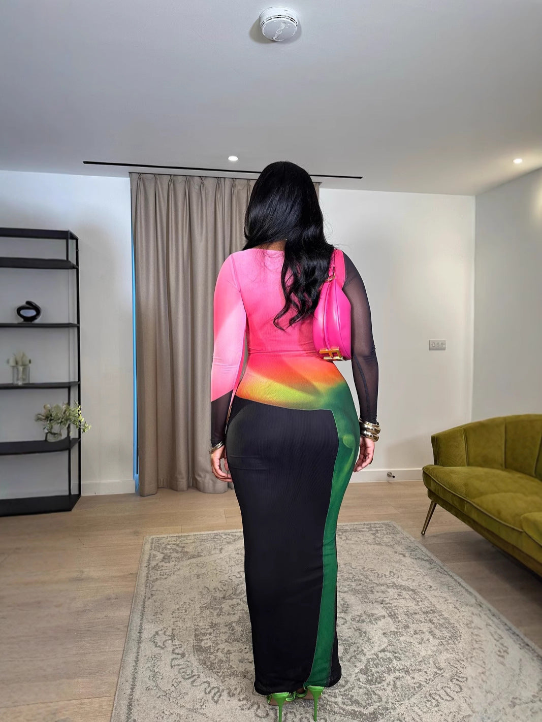 Women double mesh elegant long sleeve dress 4