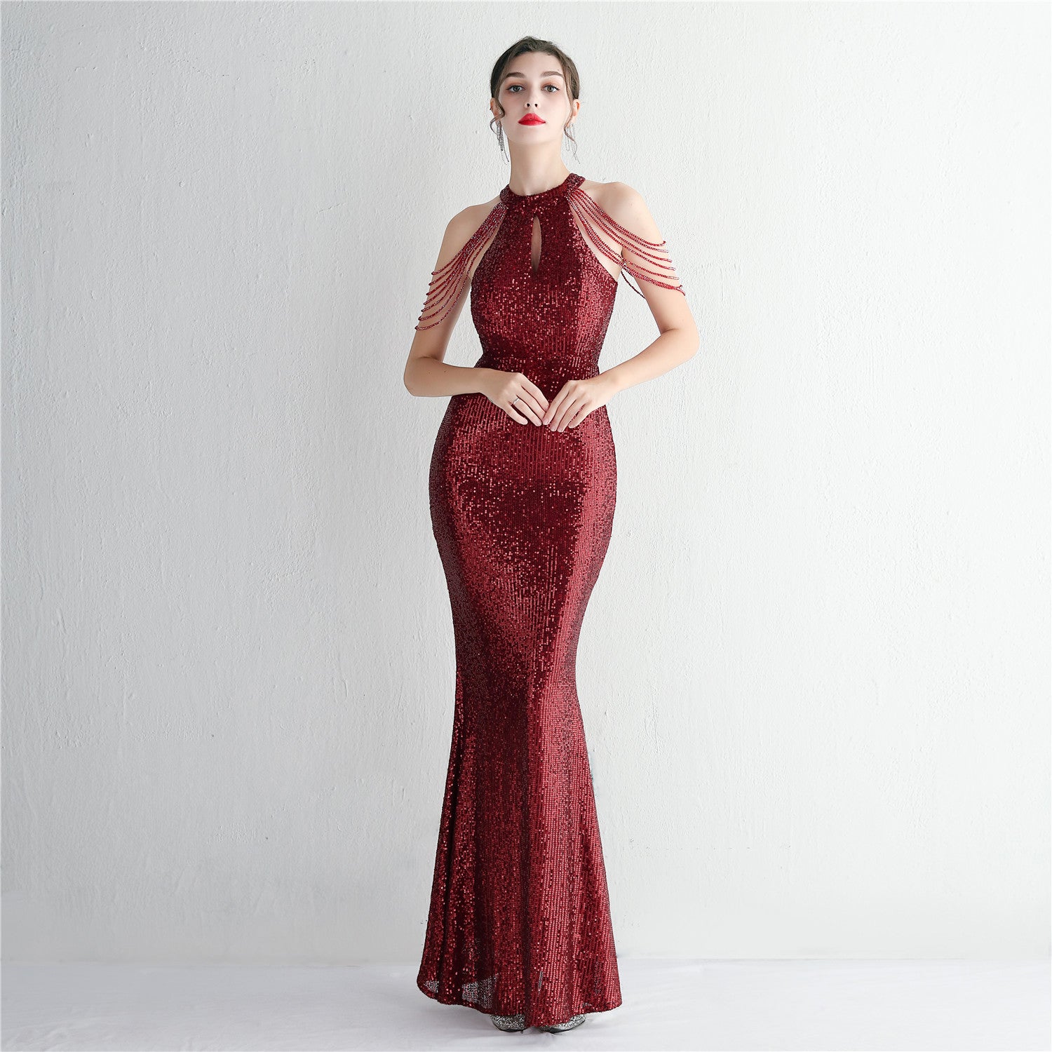 WomenElegant Sequined Halter Neck Evening Dress 13