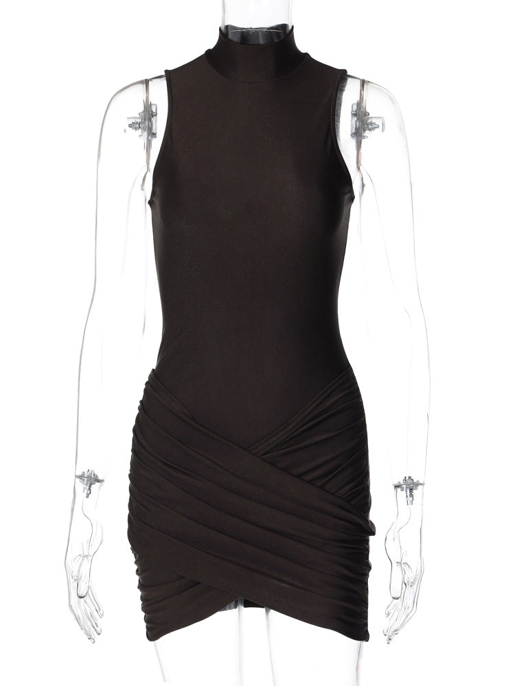 Women's Sexy Half Turtle Neck Sleeveless Slim Pleated Bodycon Dress 6