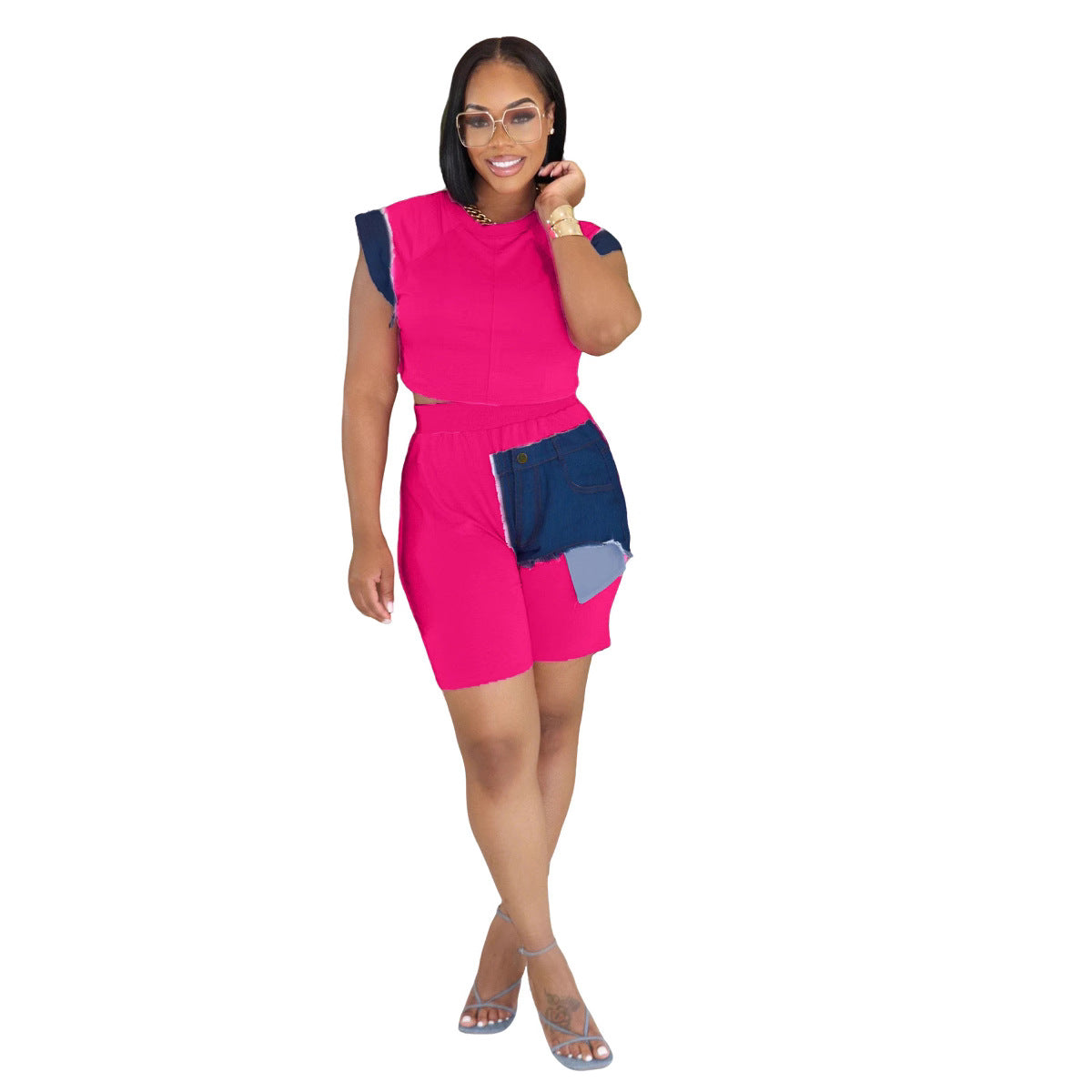 Women Casual Denim Patchwork Short-sleeved Top and Shorts Two-piece Set 7