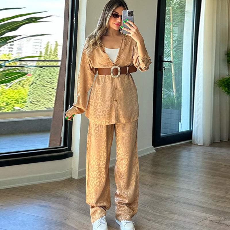 Women leopard print jacquard long-sleeved shirt and elastic waist loose trousers two-piece set 8