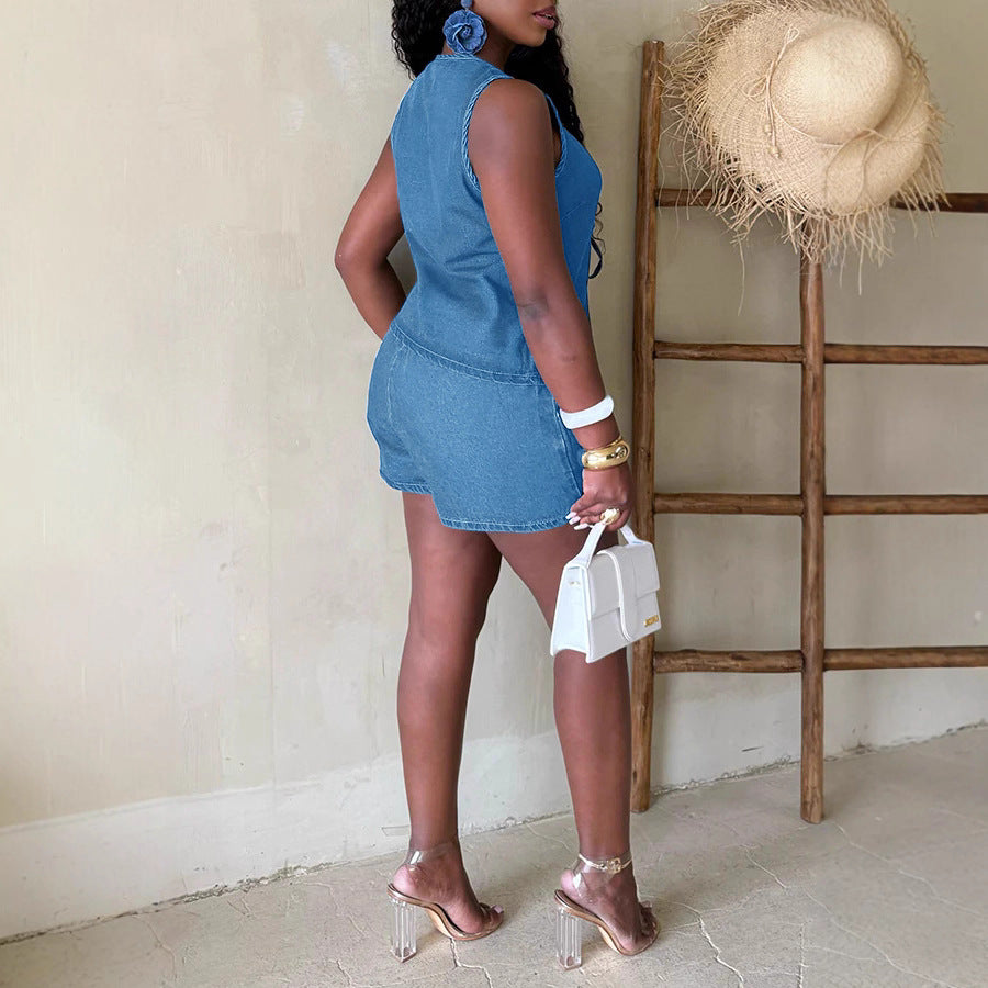 Women summer sleeveless lace top and denim shorts two-piece suit 9