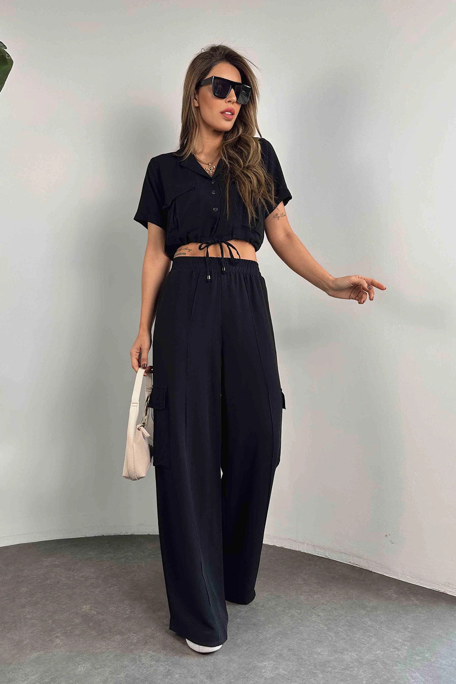 Women Summer Casual Short Sleeve Top and Cargo Pants Two-piece Set 4