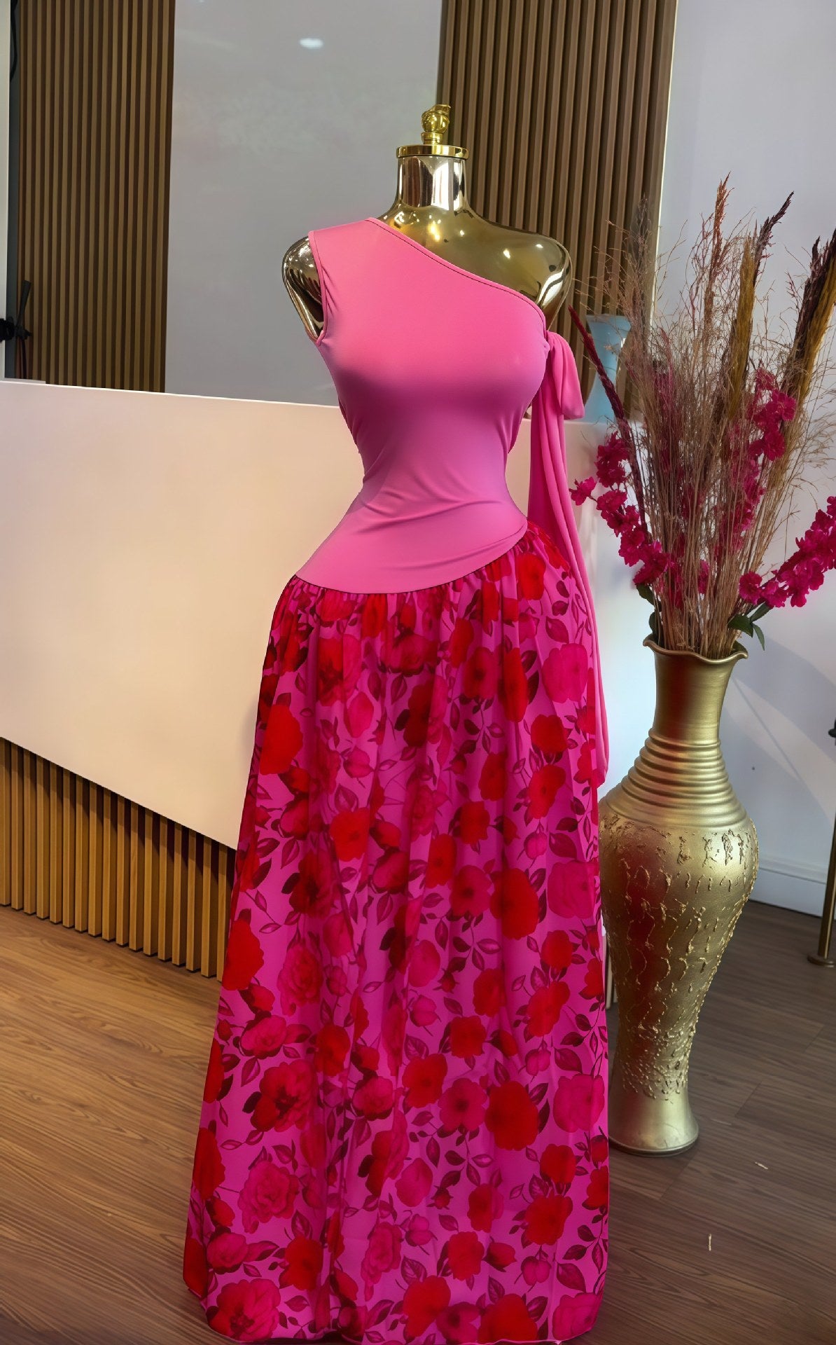 Women's Autumn Sleeveless Slash Shoulder Slim Fit Print Pleated Chic Long Dress 4