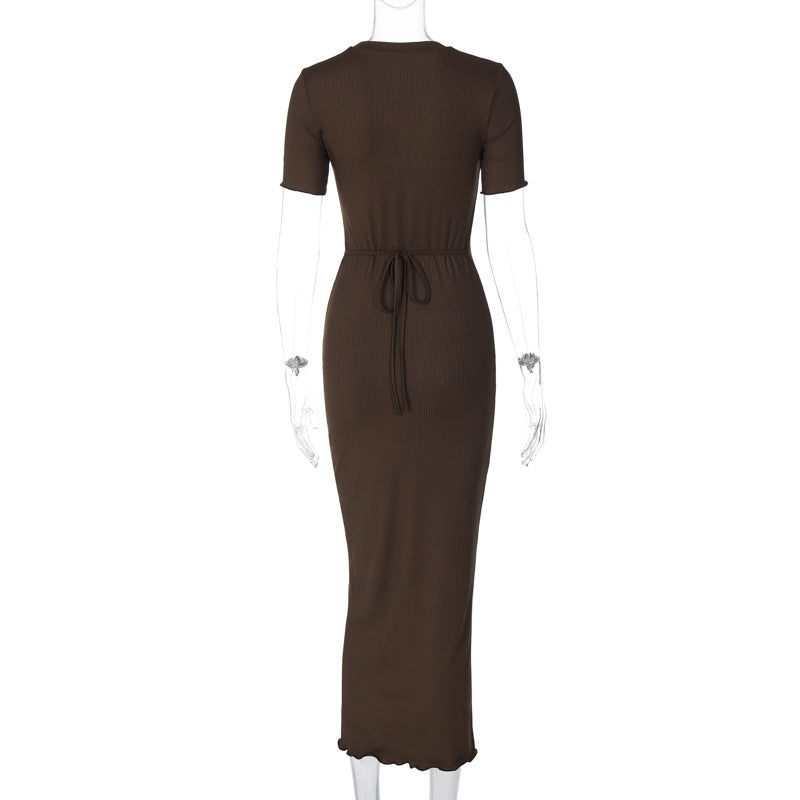 Women's Spring Fashion Round Neck Slimshort Sleeve Long Dress 13