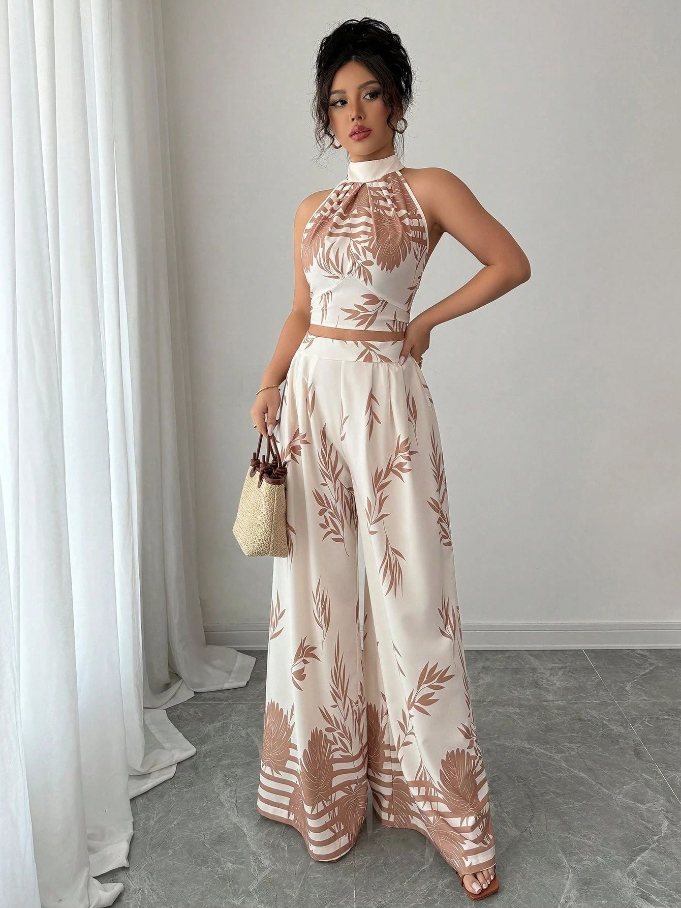 Women's Summer Holidays Chic Print Halter Neck Vest Wide Leg Pants Set 5