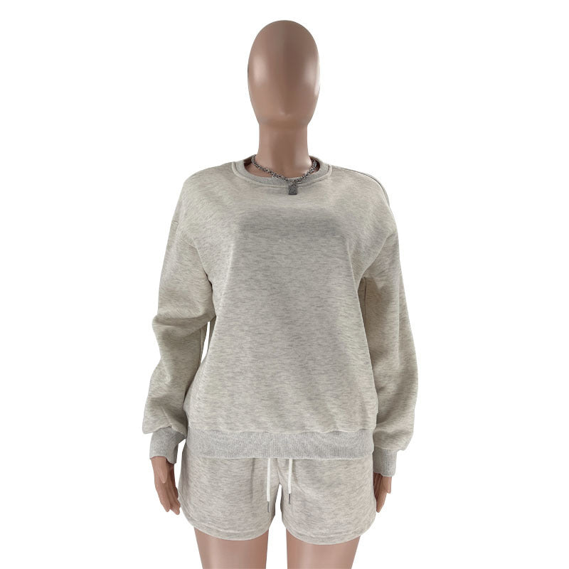 Fall Winter Solid Color Round Neck Pullover Long Sleeve Hoodies Women's Fashion Casual Shorts Two Piece Set 29