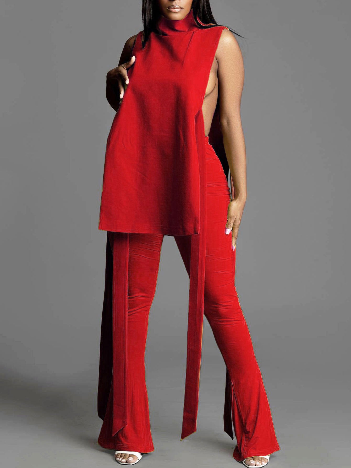 Women's Sexy Belt High Waist Bell Bottom Pants V-Neck Sleeveless Top Two Piece Set 3