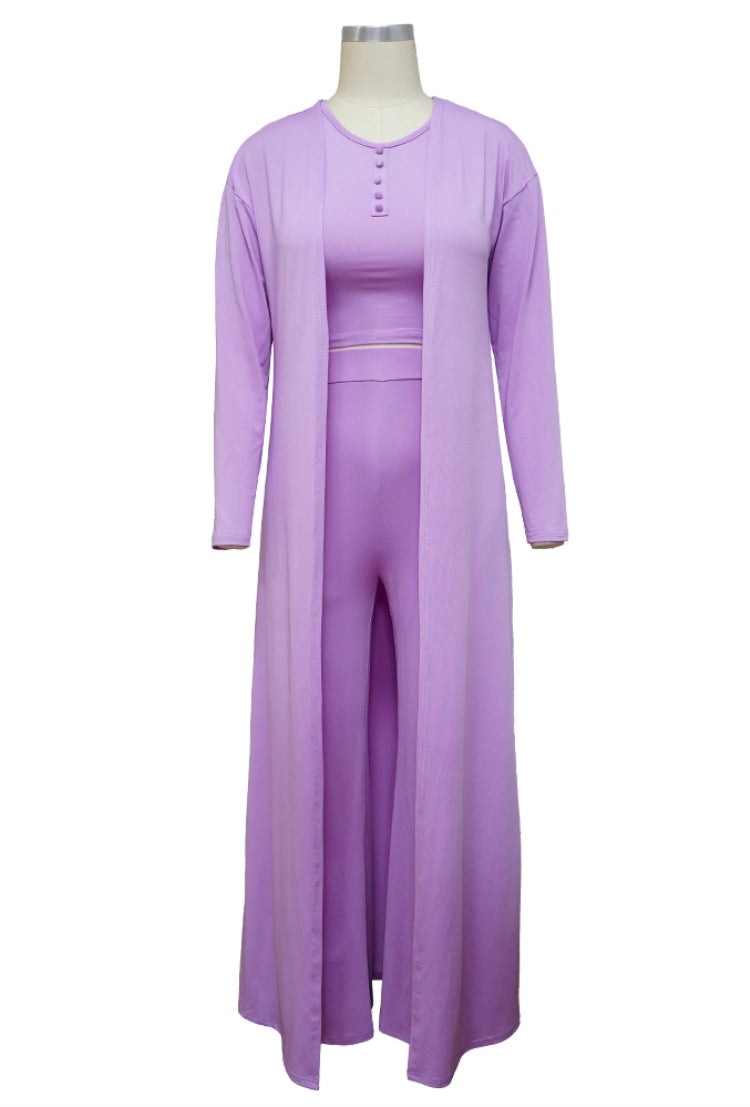 Autumn Casual Purple Long Rope with Button Crop Top and Pant 3 piece set 3