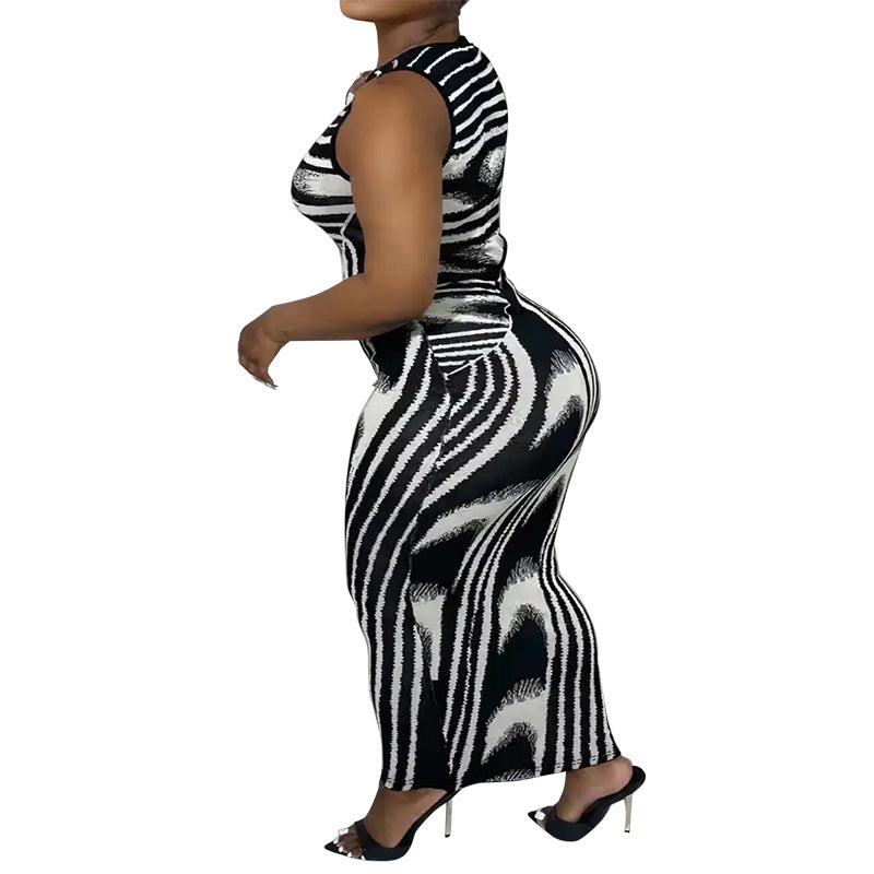 Plus Size Women's Irregular Striped Sleeveless Round Neck Fitted Dress 6