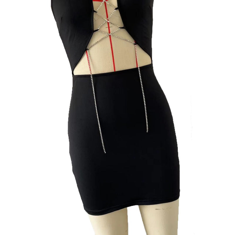 Women Halter Neck Bodycon Sexy Diamond Chain Lace-Up Dress 13