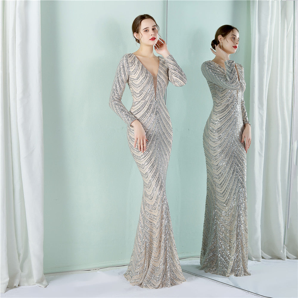 Sequin Evening Dress Women Formal Party Elegant Long-Sleeved Sequined Mermaid Evening Dress 13