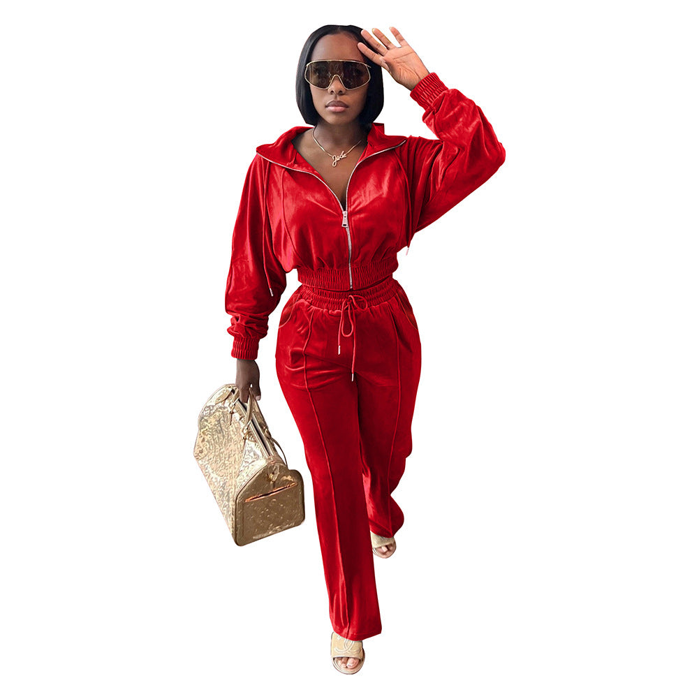 Women's Autumn And Winter Velvet Elastic Waist Zipper Jacket Pocket Trousers Suit 9