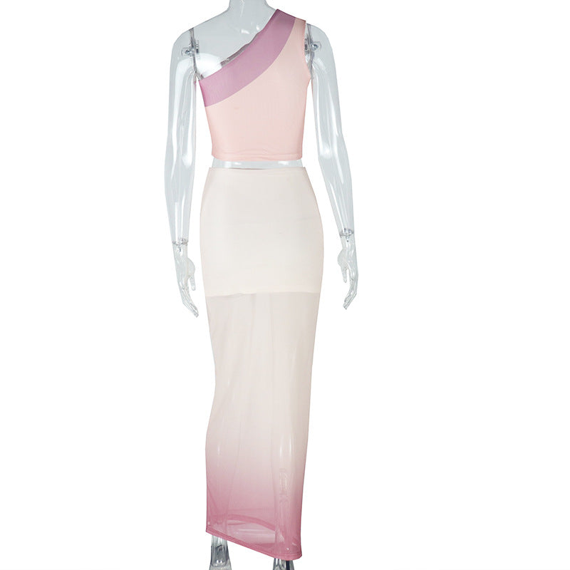Fashionable Women's Tight Fitting Gradient Slash Shoulder Two-Piece Skirt Set 8