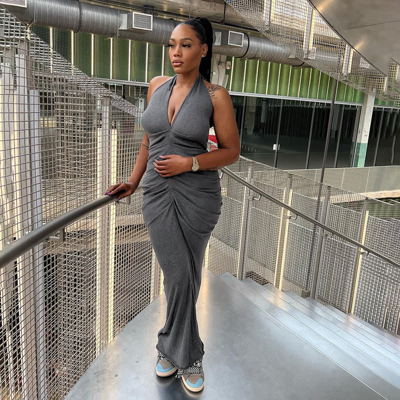 Summer Fashion Deep V Neck Halter Neck Low Back Solid Color Long Dress 4