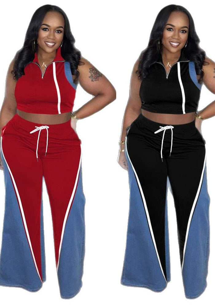 Women's denim patchwork sleeveless V-neck top wide-leg trousers two-piece set