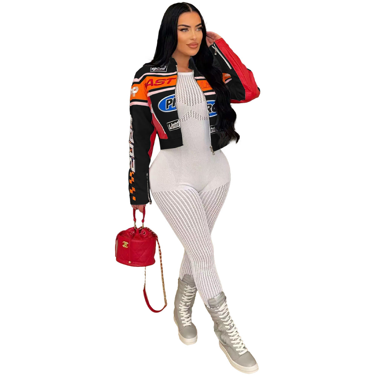 Autumn And Winter High Street Print Stand Collar Short Zipper Jacket 9