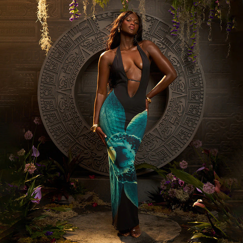 Women Summer Sexy Flower Print Halter Neck Crop Bodycon Dress